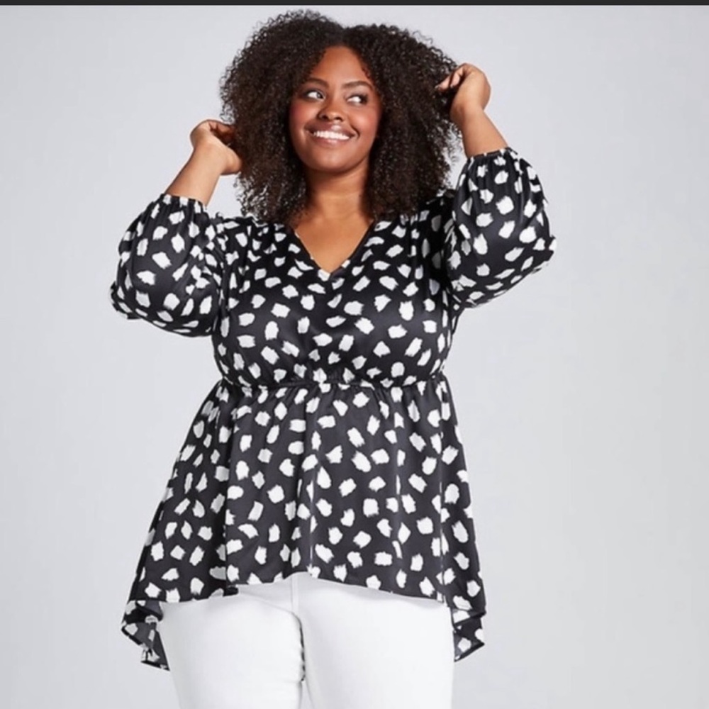 Lane Bryant x Beauticurve Black White Polka Dot V-neck Hi Low Tunic Top